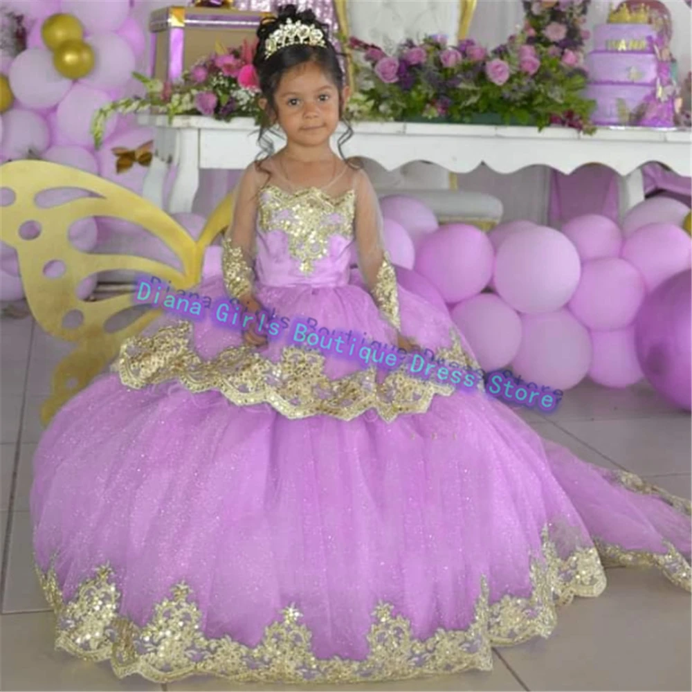 Colore personalizzato splendido vestito da ragazza di fiori Tulle abiti da sposa soffici stampa in oro abiti da sera per feste di compleanno per bambine