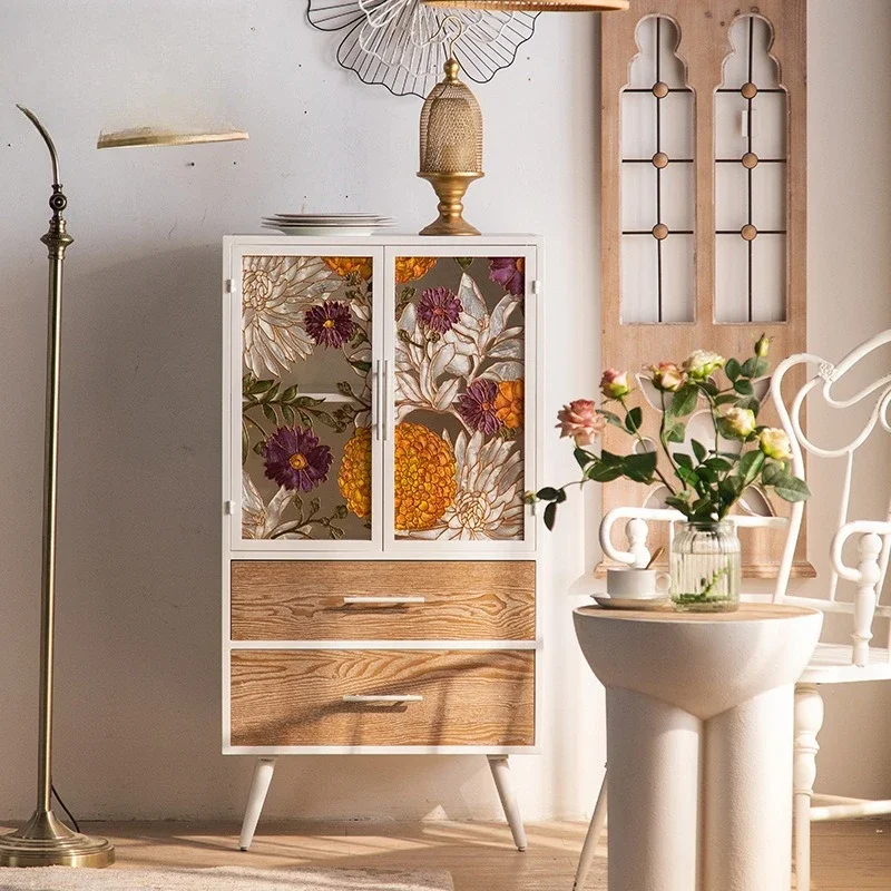 French enamel colored glass painting sideboard, living room home living room TV side cabinet, American aisle narrow corner cabin