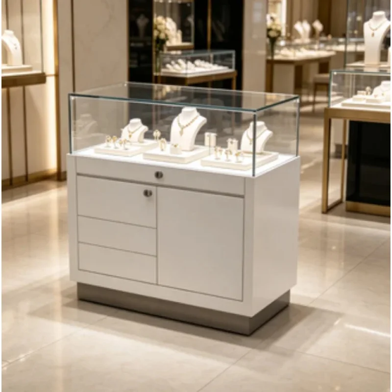 custom.Wood Jewelry Cabinet Lockable Showcase Table LED Lighting Jewelry Retail Shopping Mall Jewelry Kiosk-Durable De