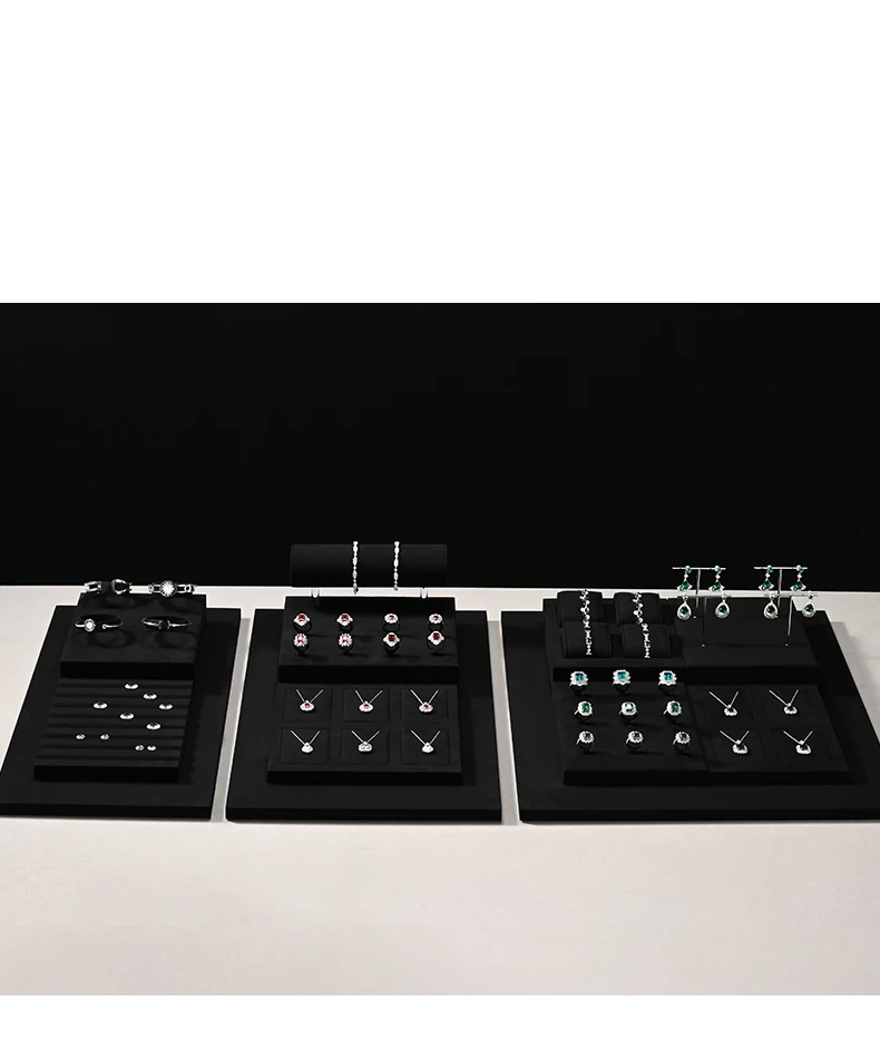 Oirlv Schwarze Schmuckdisplays für Ringe, Ohrringe, Halsketten, Armbänder und Armreifen, Schmuckablage aus Samt, Set mit Diamanten- und Edelsteinschalen – Detail 9