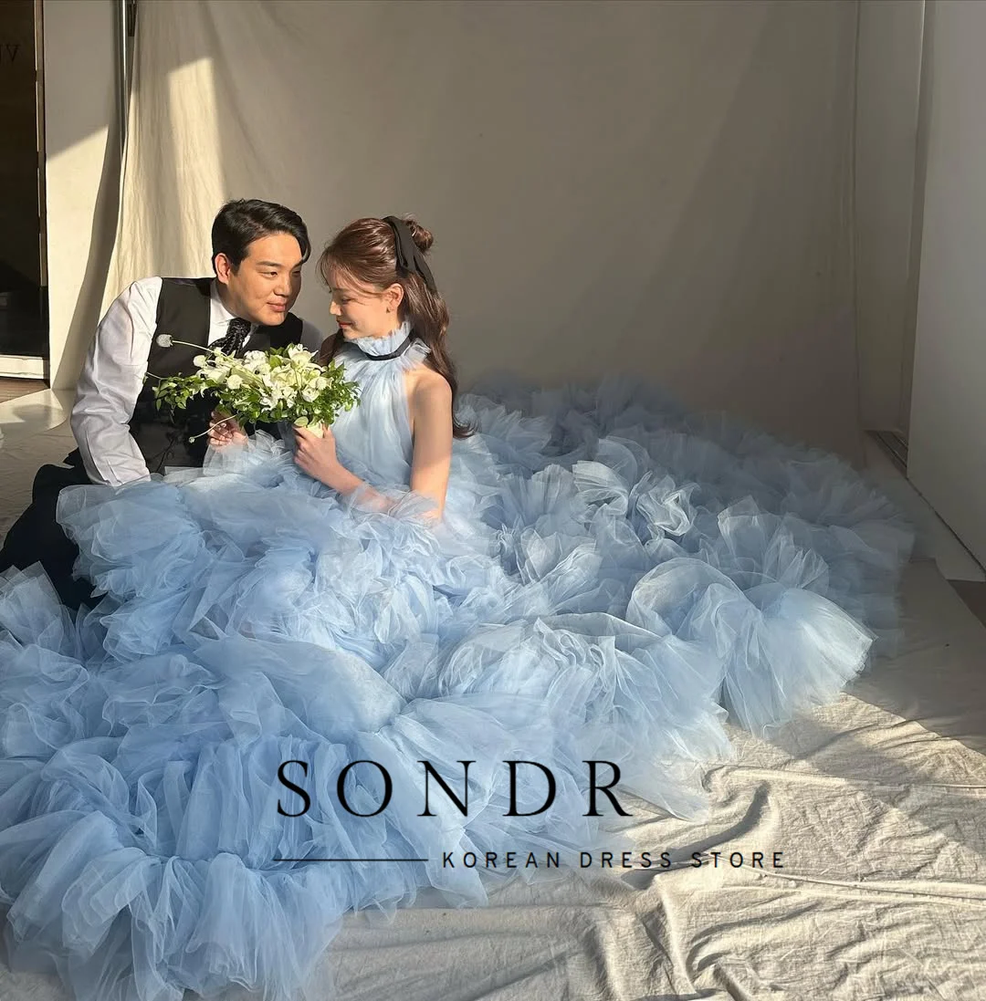 Sondr Himmelblaue O-Ausschnitt ärmellose koreanische Brautkleider, abgestufter weicher Tüll, japanische Hochzeits-Party-Kleider, individuelles Abendkleid