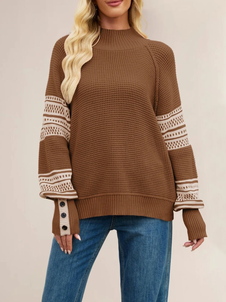 

2025 New Autumn and Winter European and American Women Clothing Knitted Color Matching Semi-turtleneck Fashion Pullover Sweater