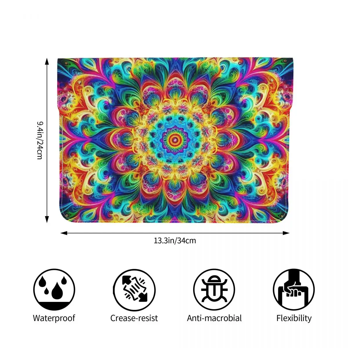 Retro Psychedelic Black With Vibrant Magic PU Leather Horizontal Laptop Sleeve Shockproof Soft Lining Notebook Case 13 Inch