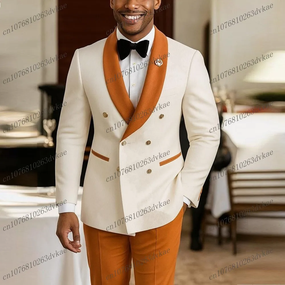 

New White And Orange Men Suit Wedding Party Formal Occasion Groom Groomsman Prom Business Male Tuxedos 2 Piece Set Jacket Pants
