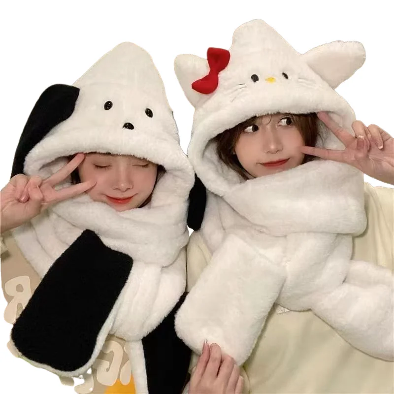 Sanrio Girl Hat Winter Hello Kitty Kawaii Fashion Cute Thicken Keep Warm Scarf Gloves One Body Pochacco Cartoon Fresh New Hat