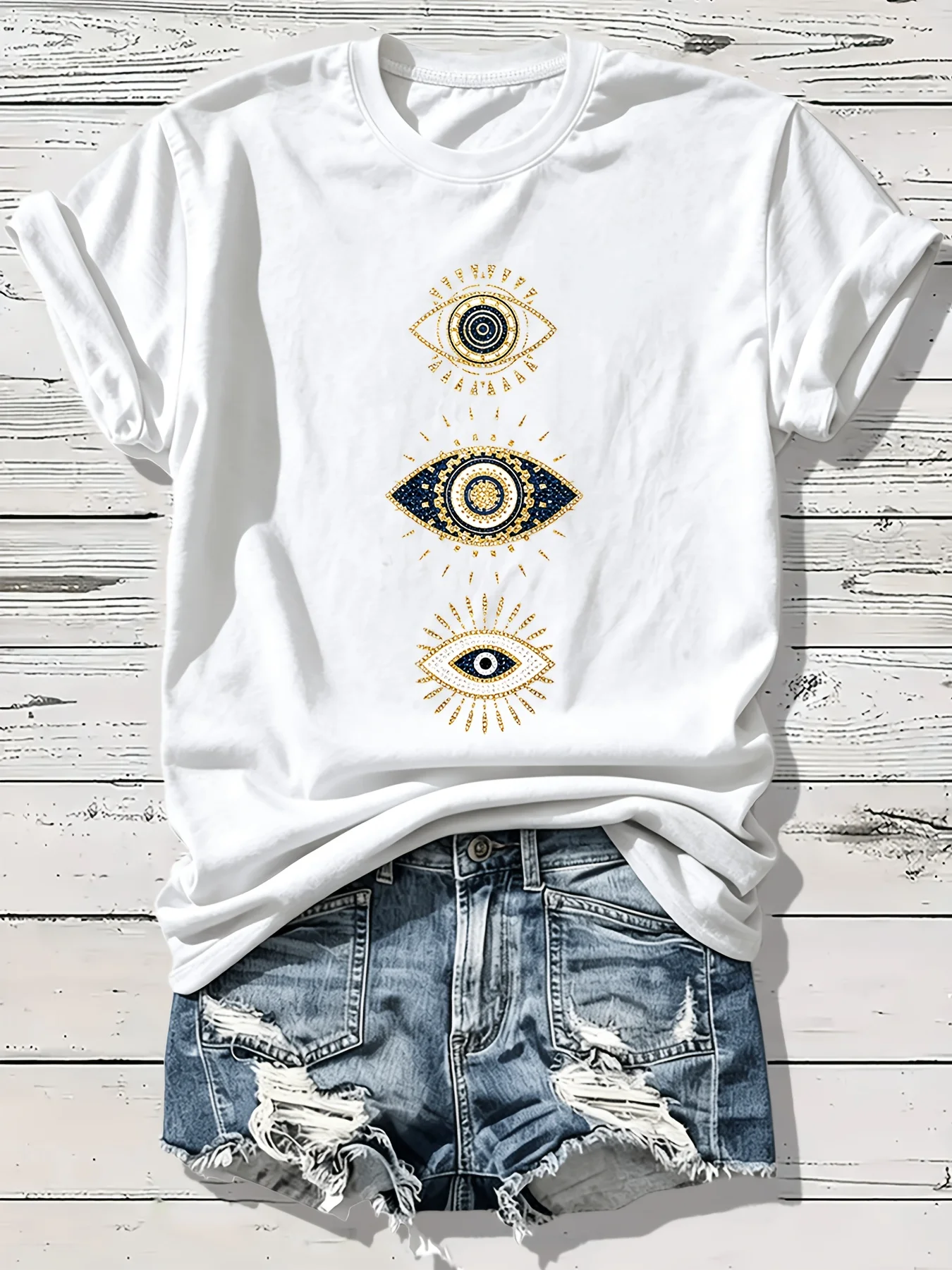 Bohemian Mysterious Eye Pattern Top Türkiye Eye Theme Round Neck Short Sleeve Blue Gold Color Pair Evil Eye Casual Daily T-shirt view 3