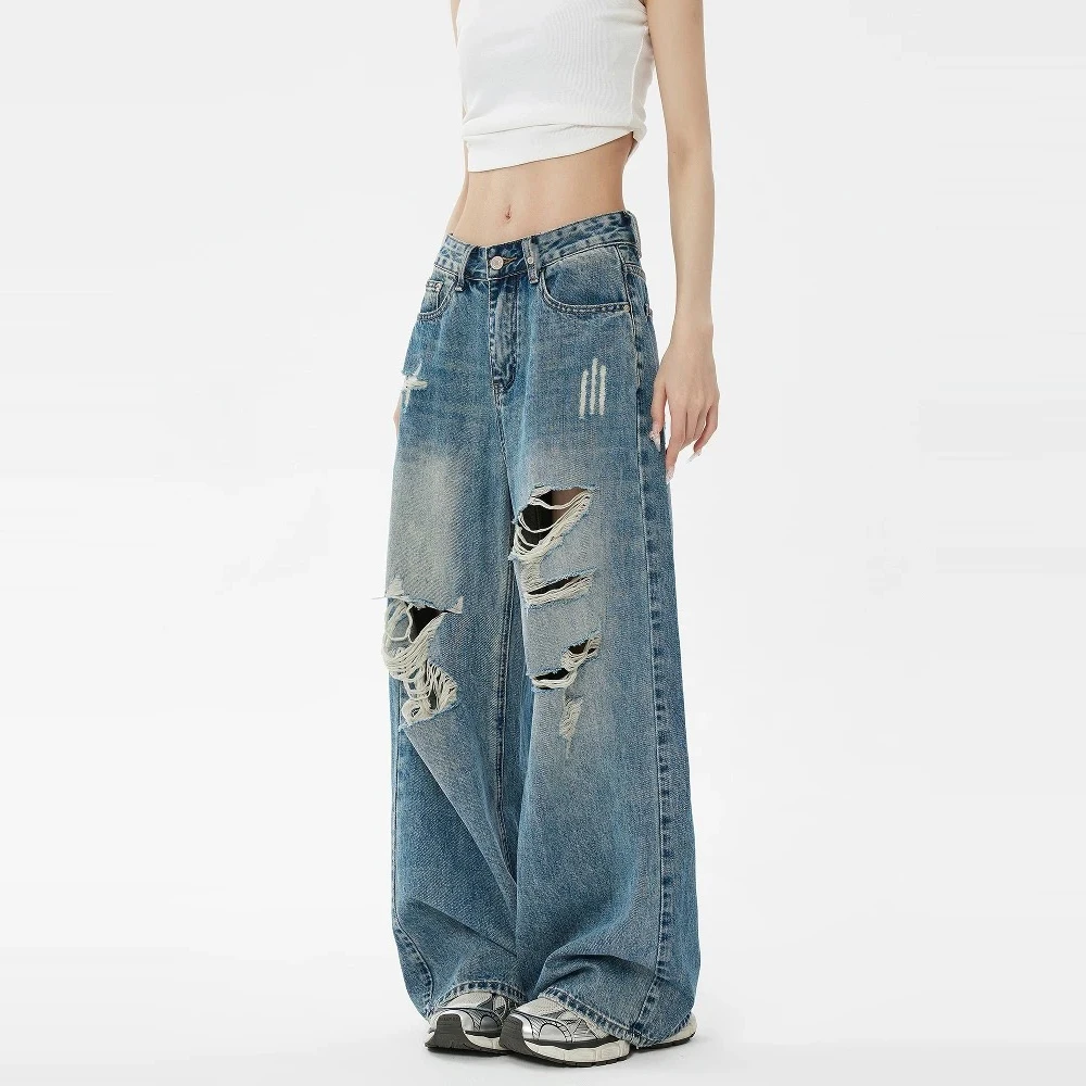 Wide Leg Ripped Jeans for Women Loose Style High Street Jeans Fashion Ladies Female Denim Pants Trousers for Spring Summer