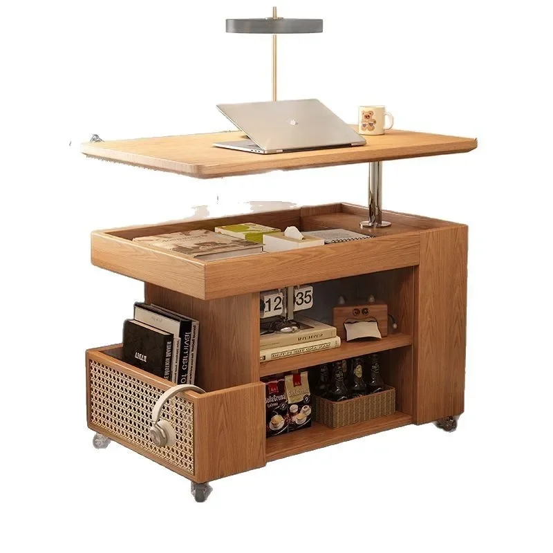 Medieval style mobile side few solid wood lifting rotating coffee table sofa side few cabinets with wheeled trolley storage side