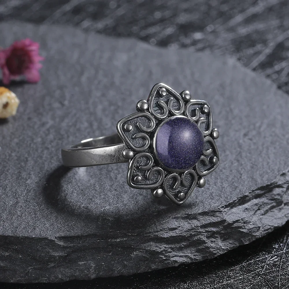 

Vintage Floral Blue Sandstone Ring Silver Plated Boho Filigree Statement Ring For Women Natural Gemstone Party Jewelry Wholesale