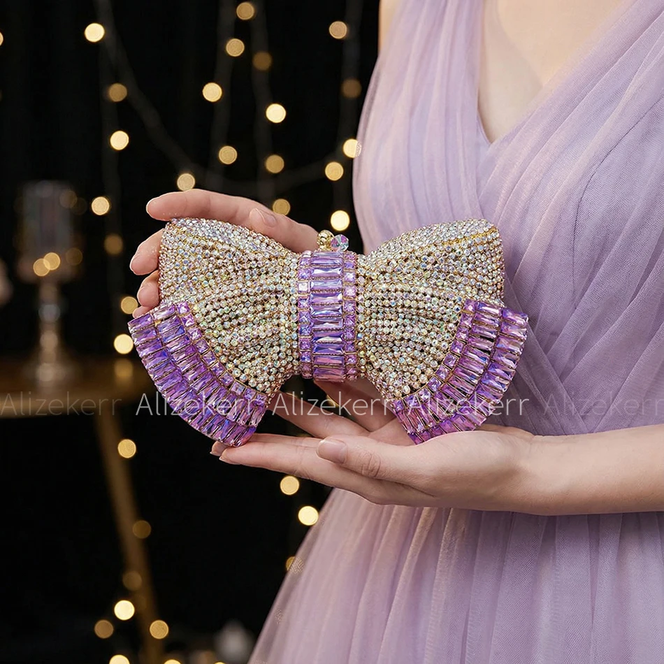 Alizekerr Bow Crystal Evening Bags Women Luxury Designer Boutique Metallic Rhinestone Clutch Purses And Handbags Wedding Party