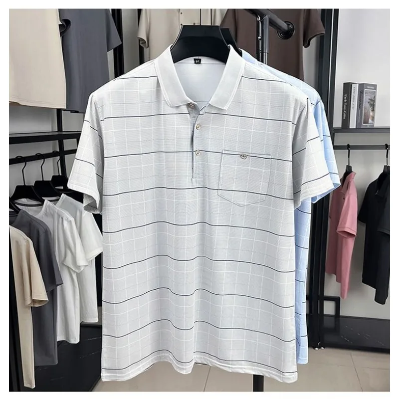 Men's Grid Polo Shirt Turn Down Collar Short Sleeve Button Placket Breathable Cool Casual Top with Pocket