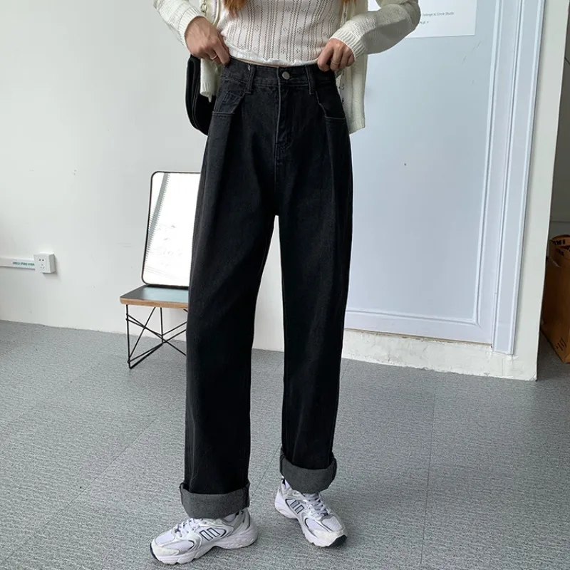 Vintage Wide Legs Straight Jeans Women Black High Waist Oversized Denim Pants 2023 Spring New Casual Long Trousers Korean Style