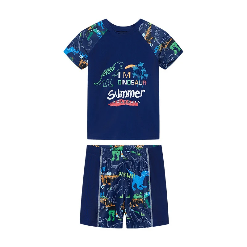 Boys Swimwear 2024 Summer Sunscreen  Split Swimsuit (short Sleeve+trunks) Cartoon  Dinosaur Printing Swimming Sports Outfit