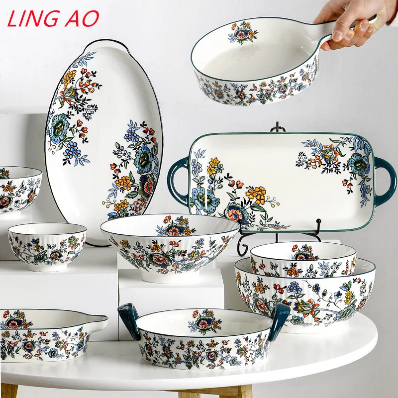 LingAo     Hand-painted vintage ceramic rice bowl, plate and cutlery set