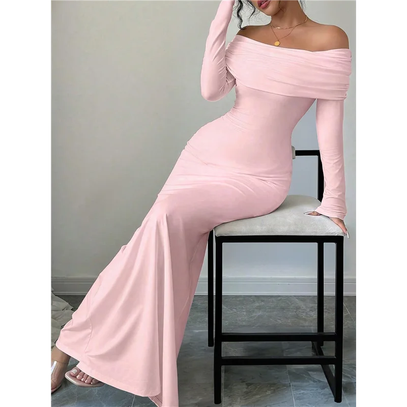 CYL-Damska sukienka maxi z długim rękawem, odkrywająca ramiona, dopasowana, elegancka, na koktajl, studniówkę