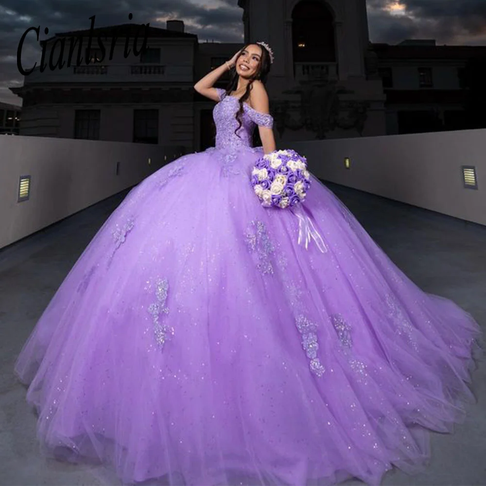 Princess Lilac Off Shoulder Ball Gown Quinceanera Dresses 2023 Beaded 3D Flowers  Sweet 16 Dress Birthday Gowns Lace-up