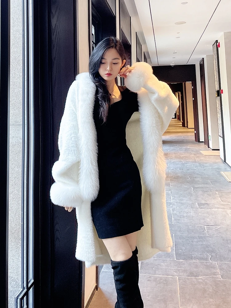 New Autumn Winter Natural FOx Fur Trim Knitted Coat Fur Jacket Sweater Female Women Knit Wear