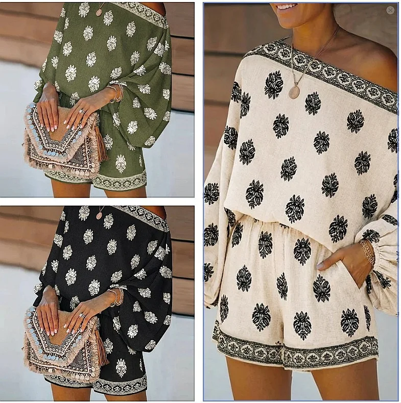Women's Boho Print Off Shoulder Lantern Sleeve Jumpsuit Overall Playsuit Matching Set