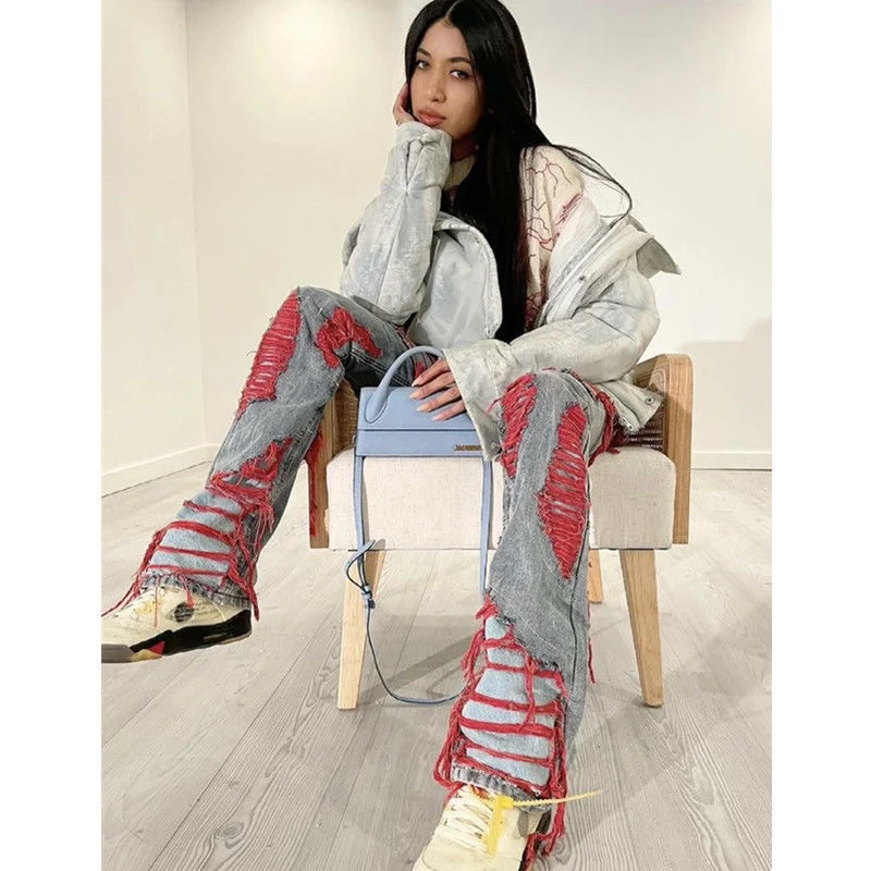 Retro Y2k Baggy Pants red Ripped Jeans Women Streetwear High Waist Gradient Color Fashion Casual Mopping Trousers y2k jeans