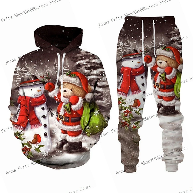 3D Print Hoodies Suit Christmas Santa Claus Man Woman Tracksuit Pants 2pcs Sets New Year Holiday Party Kids Pullover Hooded