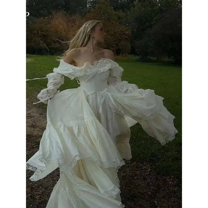 ชุดเดรสงานแต่งงานเจ้าหญิง แบบเปิดไหล่ แขนยาว ทรงเอไลน์ ผ้าซาติน ยาวกรอมพื้น ชุดราตรี  แบบสั่งตัดพิเศษ สไตล์พาสเทล