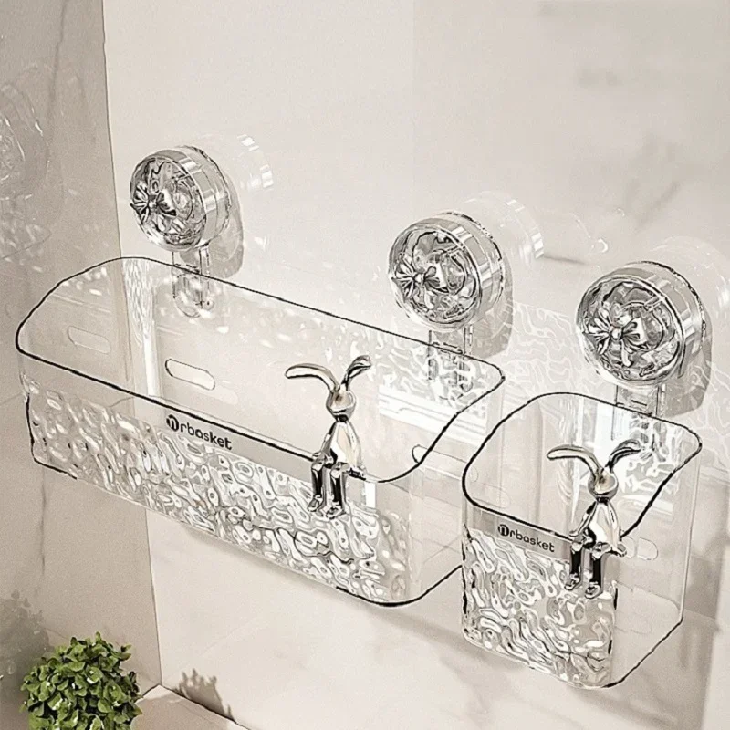 Cesta de estante con ventosa para ducha, patrón de glaciar ligero, instalación en una segunda, organizador de baño, almacenamiento giratorio para succión y quitar