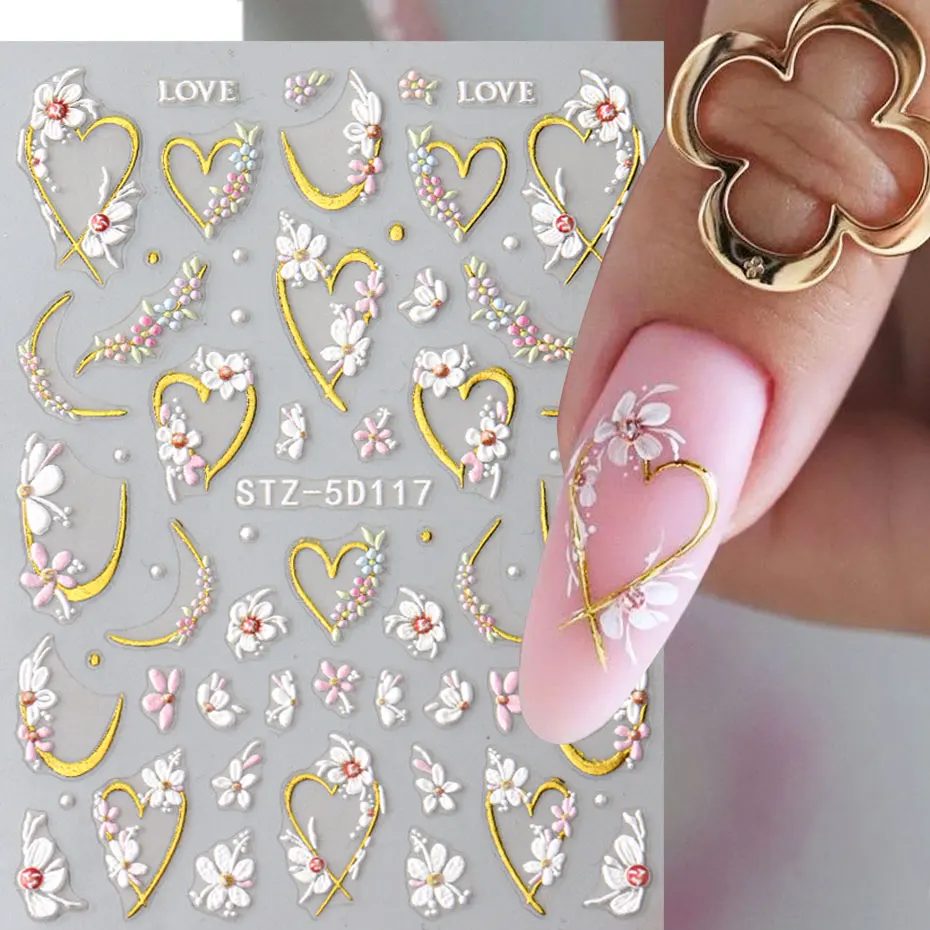 5D Embossed Kawaii Floral Gold Line Sliders Spring White Flowers Nail Stickers DIY Simple Petals Wedding Nails Decals Accesories