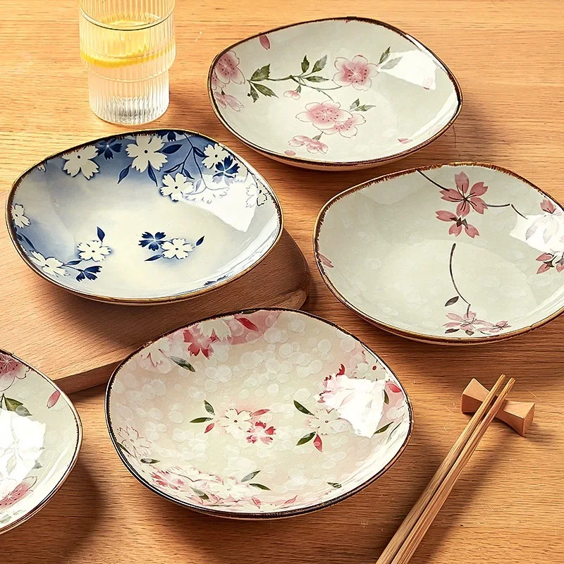 Japanese Cherry Blossom Ceramic Dessert Plate, Home Kitchen Accessories, Cutlery Set, Creative and Cute Plate, Sushi Plate