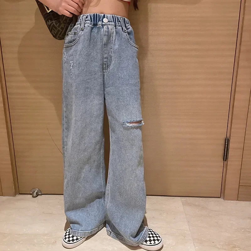 Girls Spring Ripped Wide Leg Jeans High Waist Loose Casual Trendy Pants Hong Kong Style