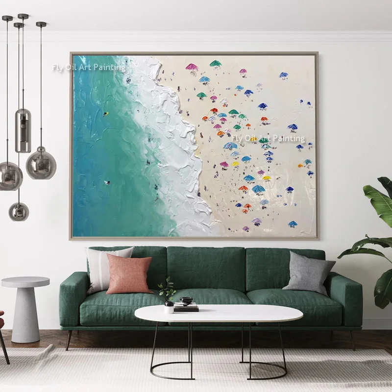 اليدوية الحديثة الأخضر الأبيض المناظر البحرية الفني الصيف نشاف البحر قماش الفن الناس يلعبون على الشاطئ لوحة زيتية سميكة للديكور