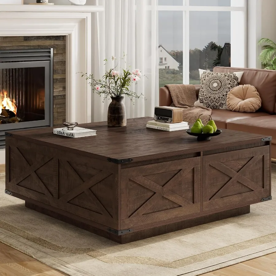 Farmhouse square coffee table for living room and home office, wood, natural brown, 47 with 4 storage drawers and extra-large s