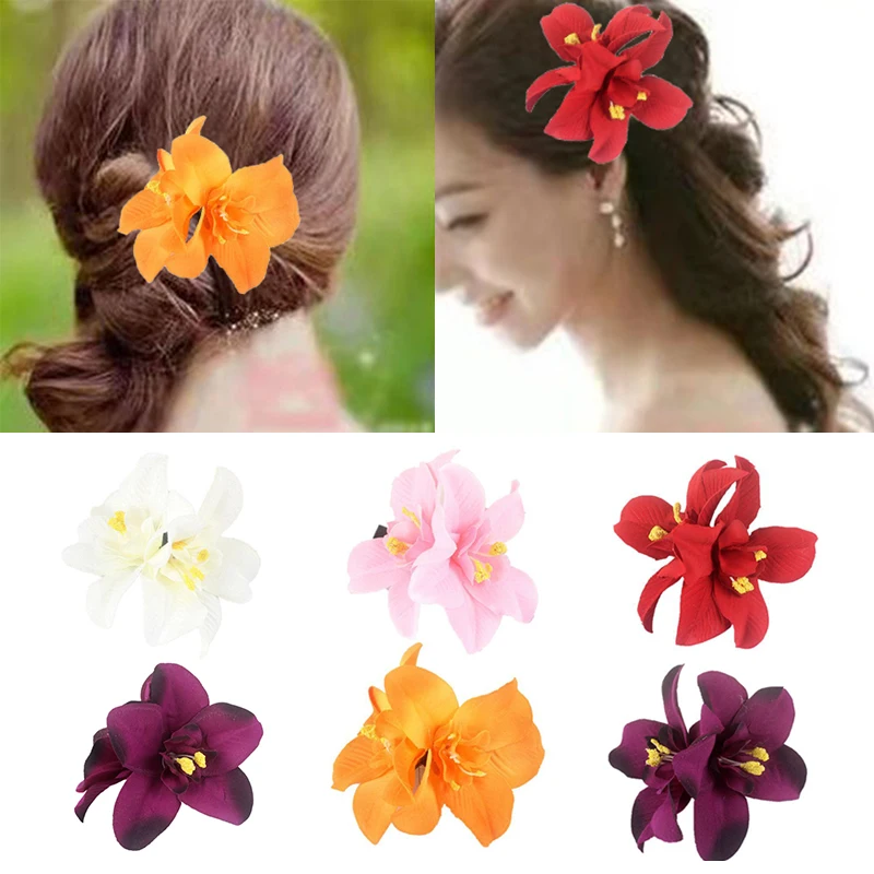 Hawaii Orchid Flowers Hair Clips Beach Seaside Flower Barrette Bohemia Wedding Bridal Bridesmaid Double-flower Hairpin Brooch