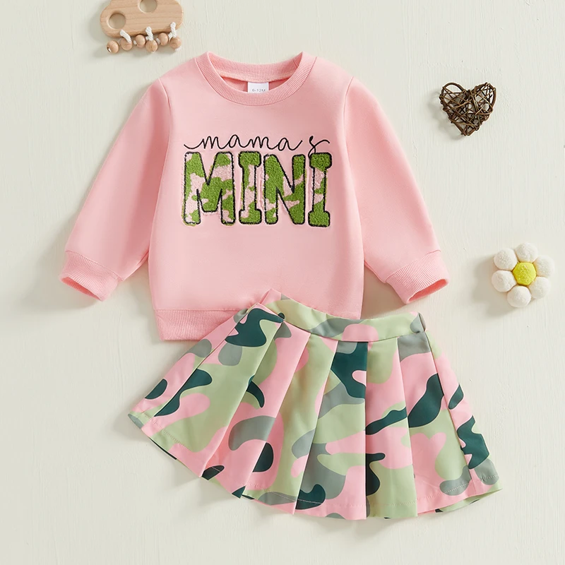 Girls 2-Piece Set Long Sleeve Graphic Sweatshirt with A-Line Pleated Skirt in Camouflage Print Stylish Outfit for Little