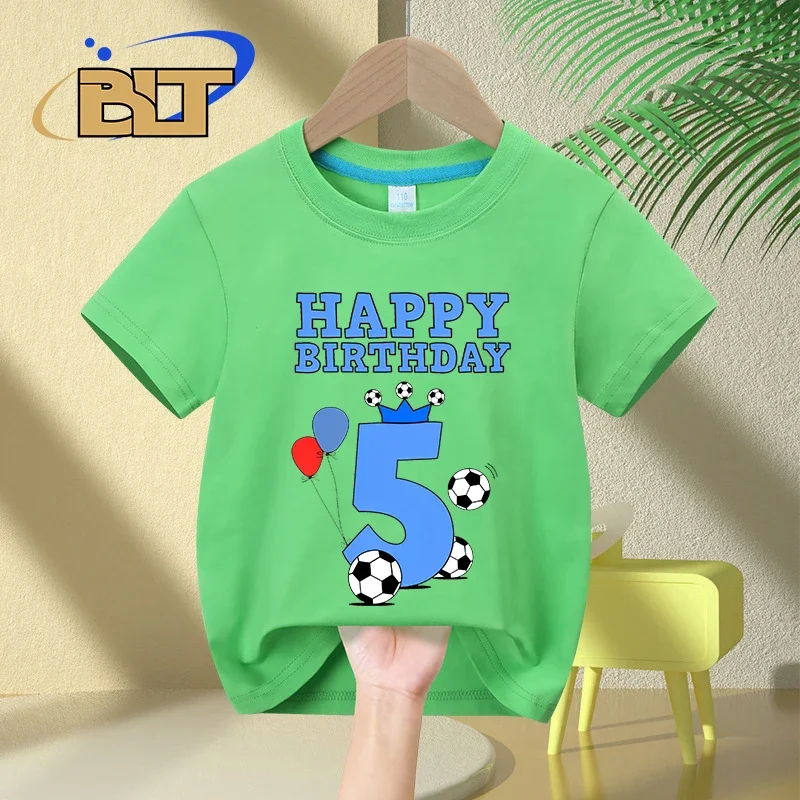 Football birthday number 5th birthday kids T-shirt summer children's cotton short-sleeved casual tops
