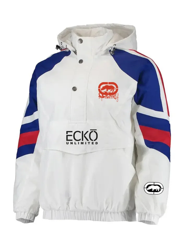 Male Hip‑Hop Pullover Hooded Jacket Ecko Unltd Rhino Logo Multi‑Color Splice Half Snap Button Windproof Casual Street Style Oute