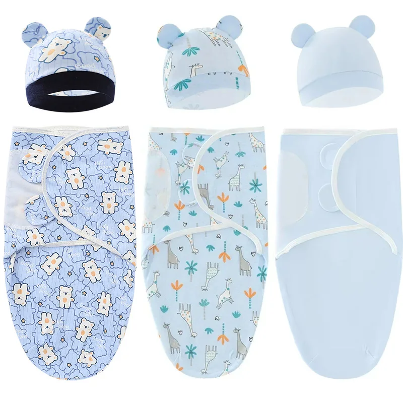 Newborn Baby Blanket Hat Set Blue Giraffe Printed Sleeping Bag Adjustable Cotton Swaddle Wraps for Infant All Seasons 0-6 Months