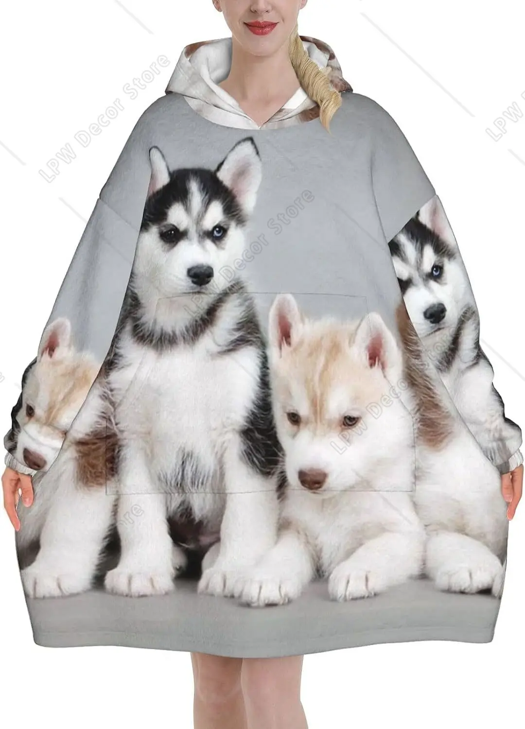 Dogs Print Blanket Hoodies For Women & Men Adult Teen Wearable Hooded Sweatshirt With Pocket