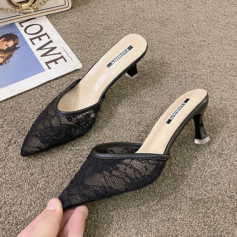 Fairy style dress with high heels and slippers for women's 2024 summer new fashionable pointed thin heels and mesh slippers