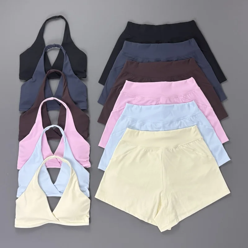 2 Piece Women Gym Set Sports Halter Bra Training Shorts Suit Open Back Scrunch Butt Yoga Workout Clothing Running Fitness Sets