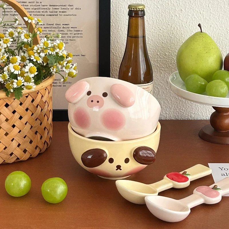 Kawaii Animal Ceramic Bowl Household Soup Bowl Cute Tableware Set Couples Breakfast Oatmeal Milk Bowl Microwave Safe