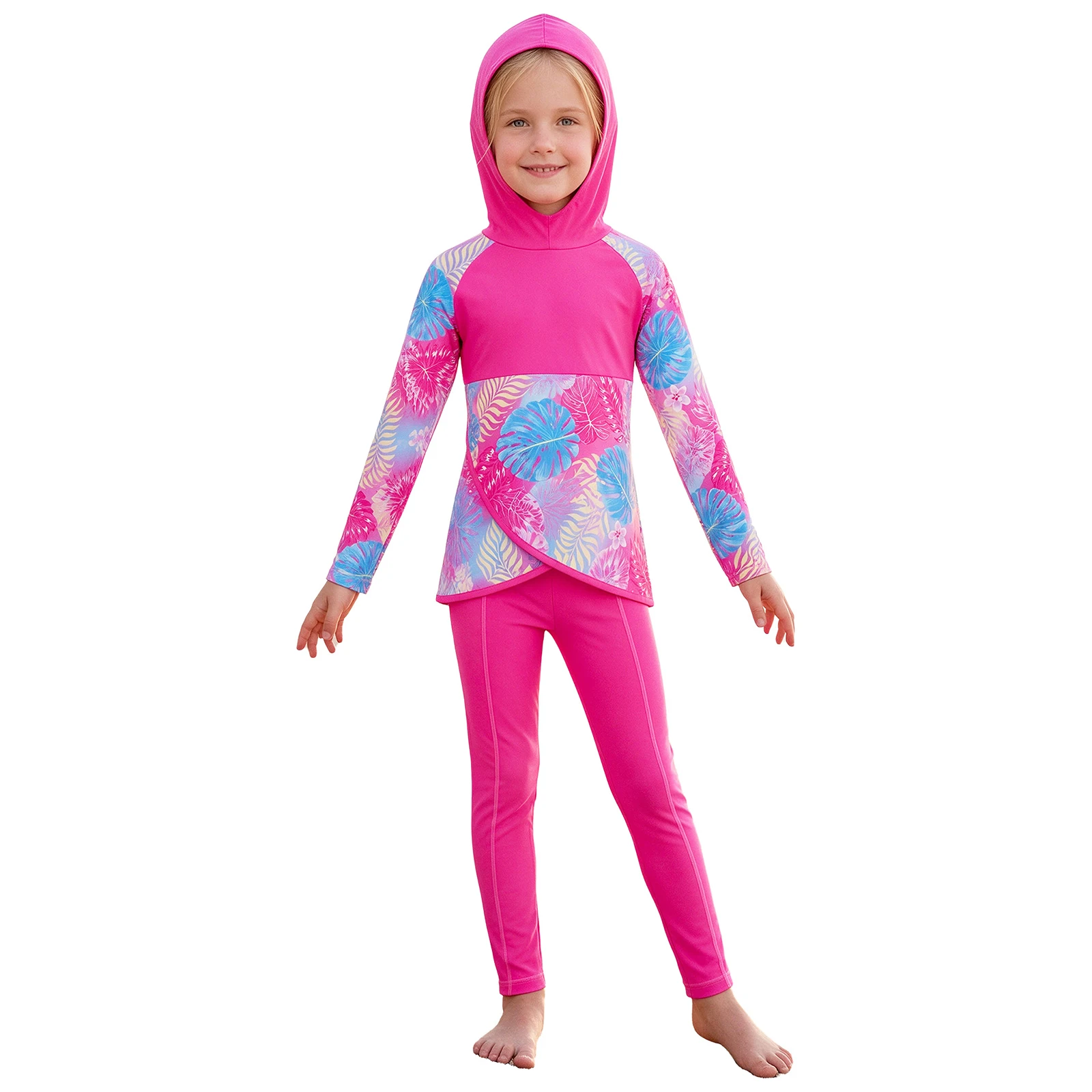 Kids Girls Modest Muslim Islamic Swimwear Hood Floral Print Long Sleeve Rash Guard Hooded Top Long Trousers Swimming Outfit