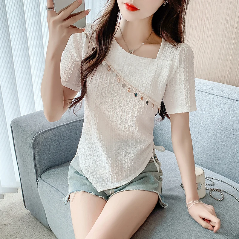 

+ Summer French Style Sequin Lace Short Sleeve T-Shirt Women with Unique Design, Asymmetric Waist Drawstring Knit Top for Wo