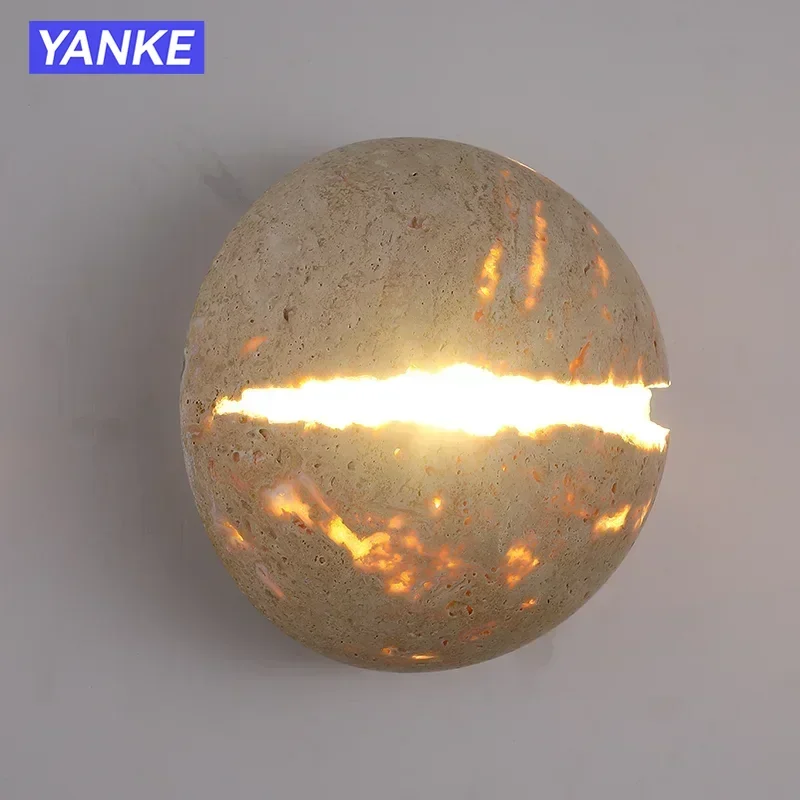 Japanese Wabi-Sabi Round Yellow Travertine Stone Wall Lamp for Bedroom Bedside Lamp Hallway Villa Background Wall Decor Lighting