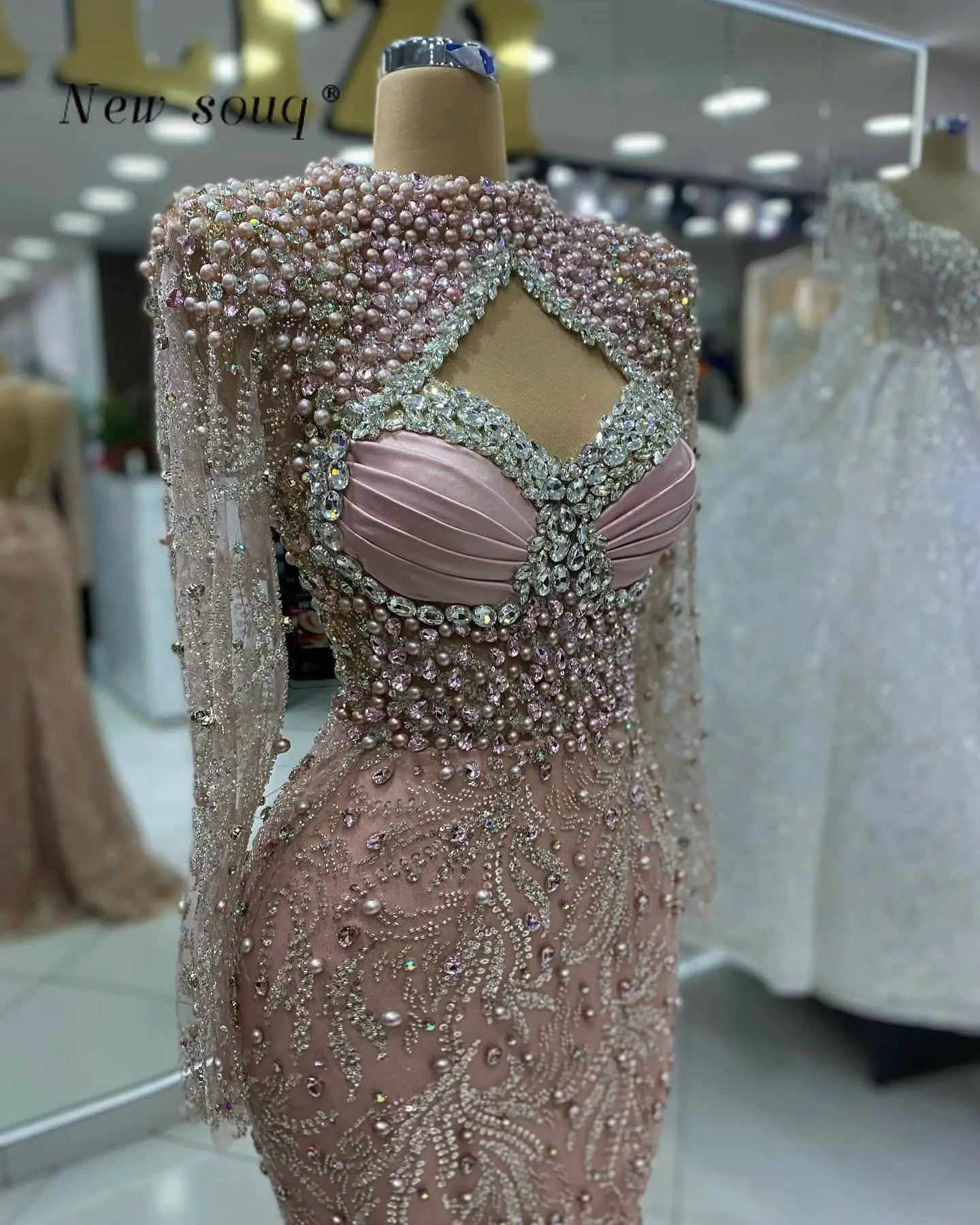 Soft Pink Pearls Beaded Full Sleeved Evening Dresses with Side Slit Crystals Important Occasions Events Party Sequins Gowns