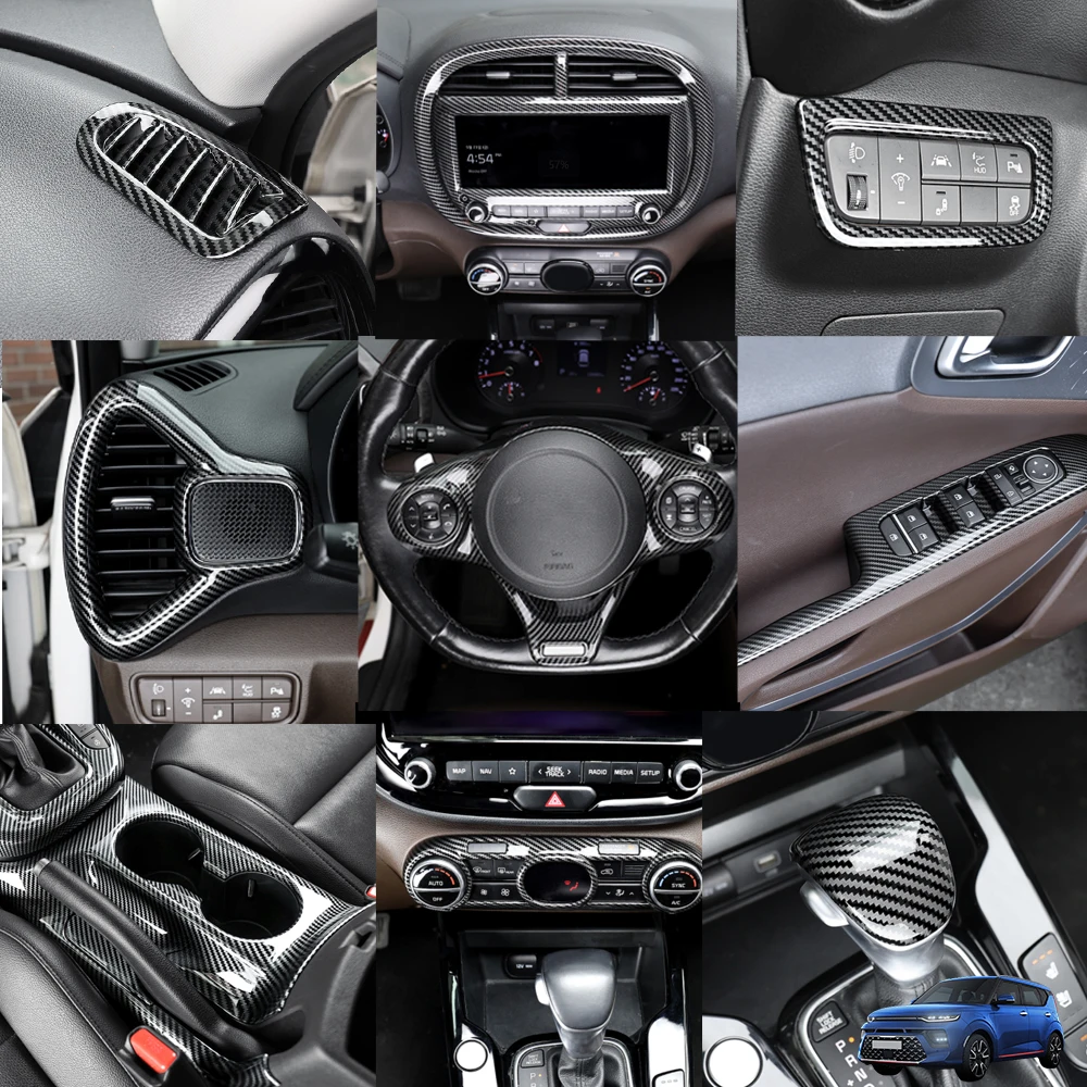 For Kia Soul 2020-2025 Carbon Fiber Window Button Cover Car Gear Shift Cover Center Console Upper Vent Cover Storage Box LHD/RHD