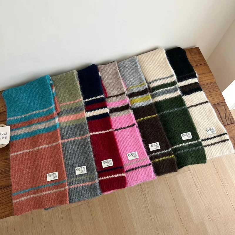 

Модный корейский стиль, полосатый шерстяной вязаный шарф, мягкий контрастный цвет дофамина, зимний теплый шейный платок, глушитель для девочек