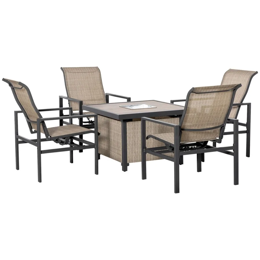 

5Piece Rattan Patio Dining Set Outdoor Wicker Furniture Set 4 Rocking Chairs Square Table with Metal Ice Bucket Beige