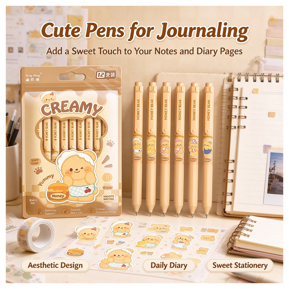 Honey Bear Retractable Gel Pens, 12 Pack 0.5mm Black Ink Pens, Comfort Soft Grip, Smooth Writing, Cute Printed Design for Daily