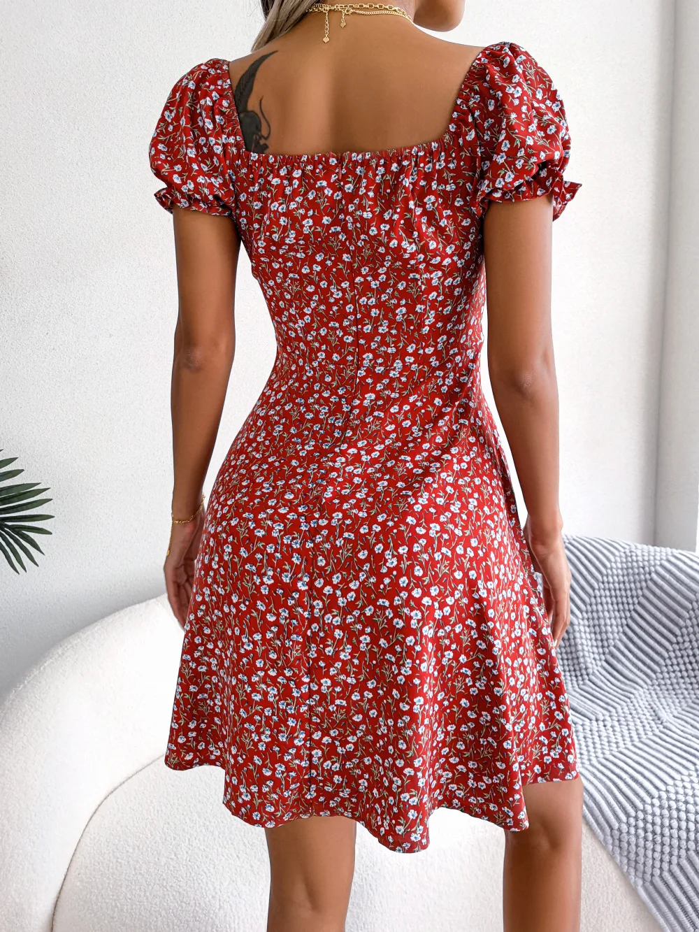 Summer Floral Print Short Dress Bufftrly Sleeve Retro Women'S Dresses Fashion Casual Square Neck Tunic Beach Dress Elegant Chic