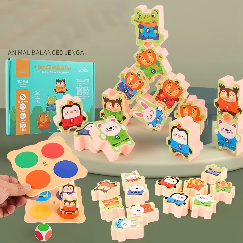 Juego de equilibrio de apilamiento de colores para niños, animales de madera, bloques de Torre caída para bloques de construcción, juguete educativo para bloques